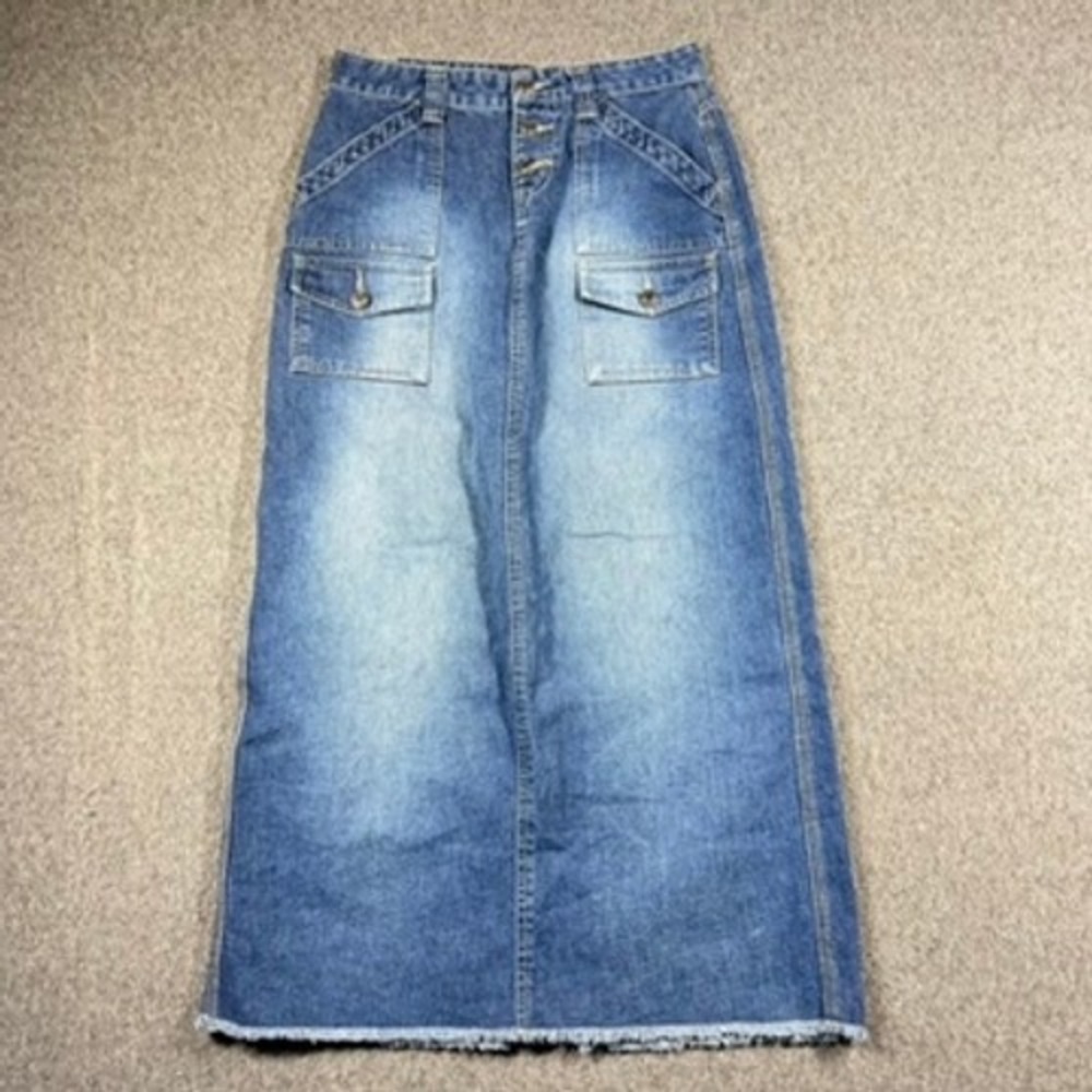 Y2K No Boundaries Denim Maxi Skirtโ Button Fly Cargo Pockets Size 3